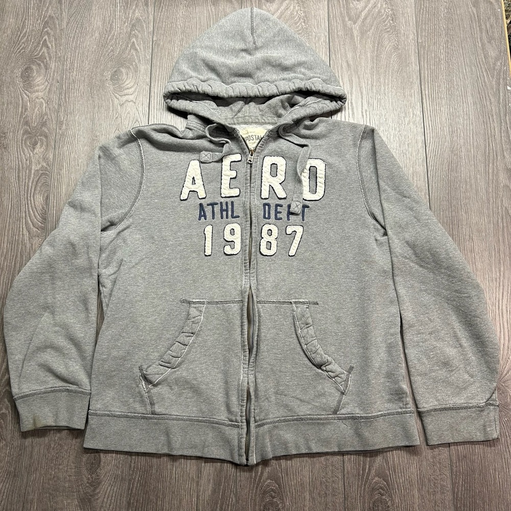 Aeropostale Mens XXL Gray Full Zip Hoodie Aero Athl Dept 1987 Y2K Sweatshirt